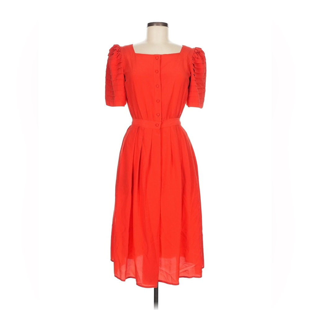 John Weitz Vintage Red Pleated Midi Dress with Puff Sleeves